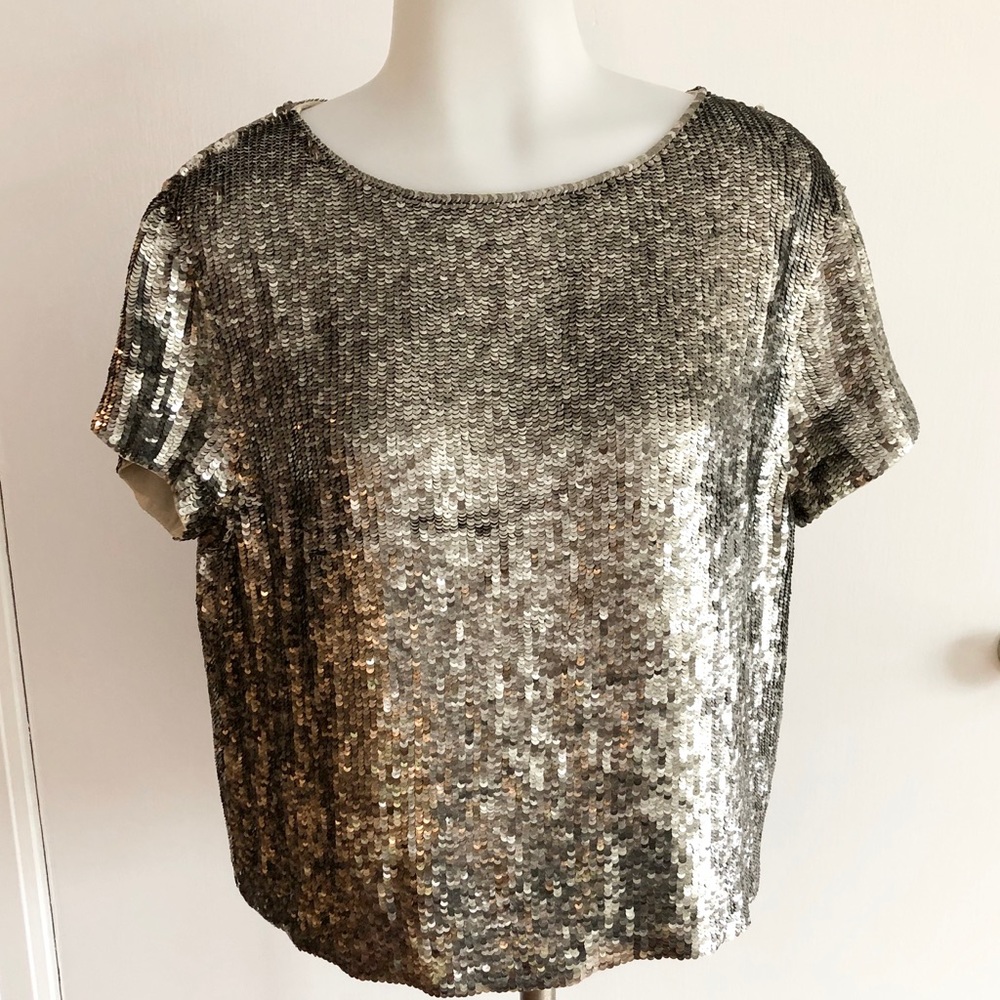 Alice + Olivia sequin top, medium, platinum